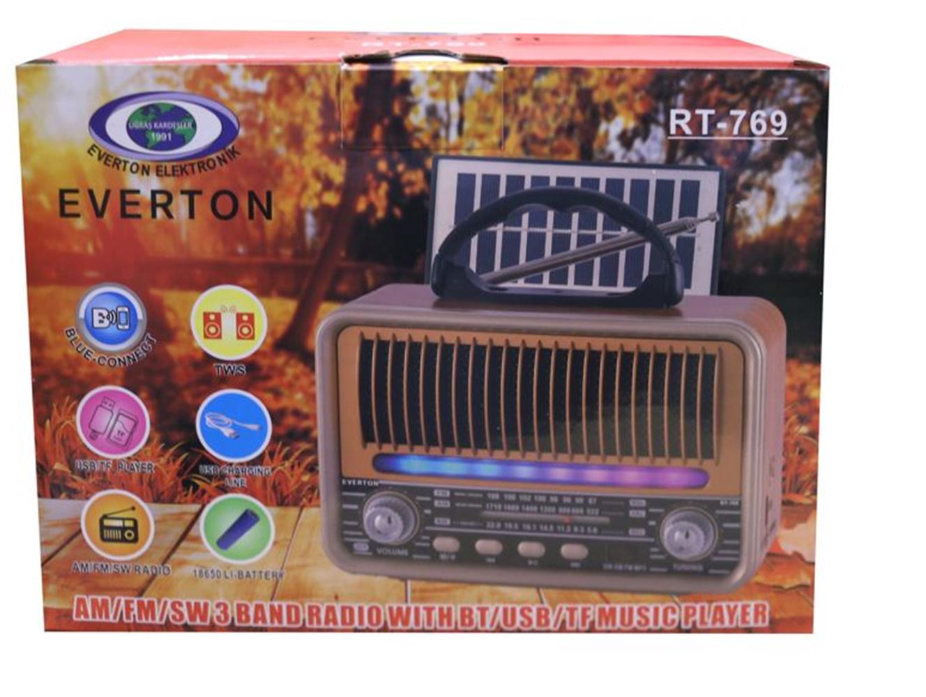 Everton Rt-769  Bluetooth Fm-Usb-Tf-Aux Solarlı,Led Işıklı  Şarjlı Nostaljik Radyo