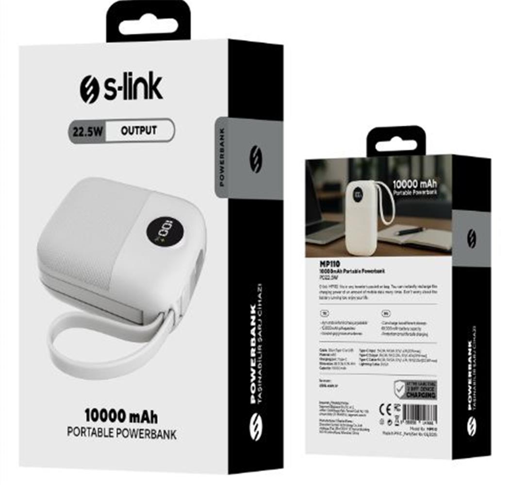 S-link MP110 10000mAh PD22.5W Type-C+Lightning Kablolu Beyaz  Pil Şarj Cihazı Powerbank