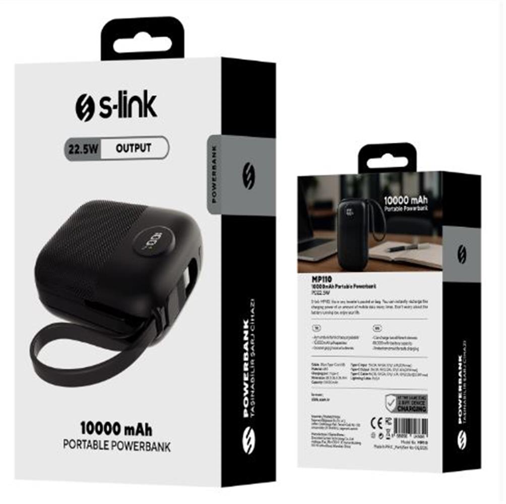 S-link MP110 10000mAh PD22.5W Type-C+Lightning Kablolu Siyah  Pil Şarj Cihazı Powerbank