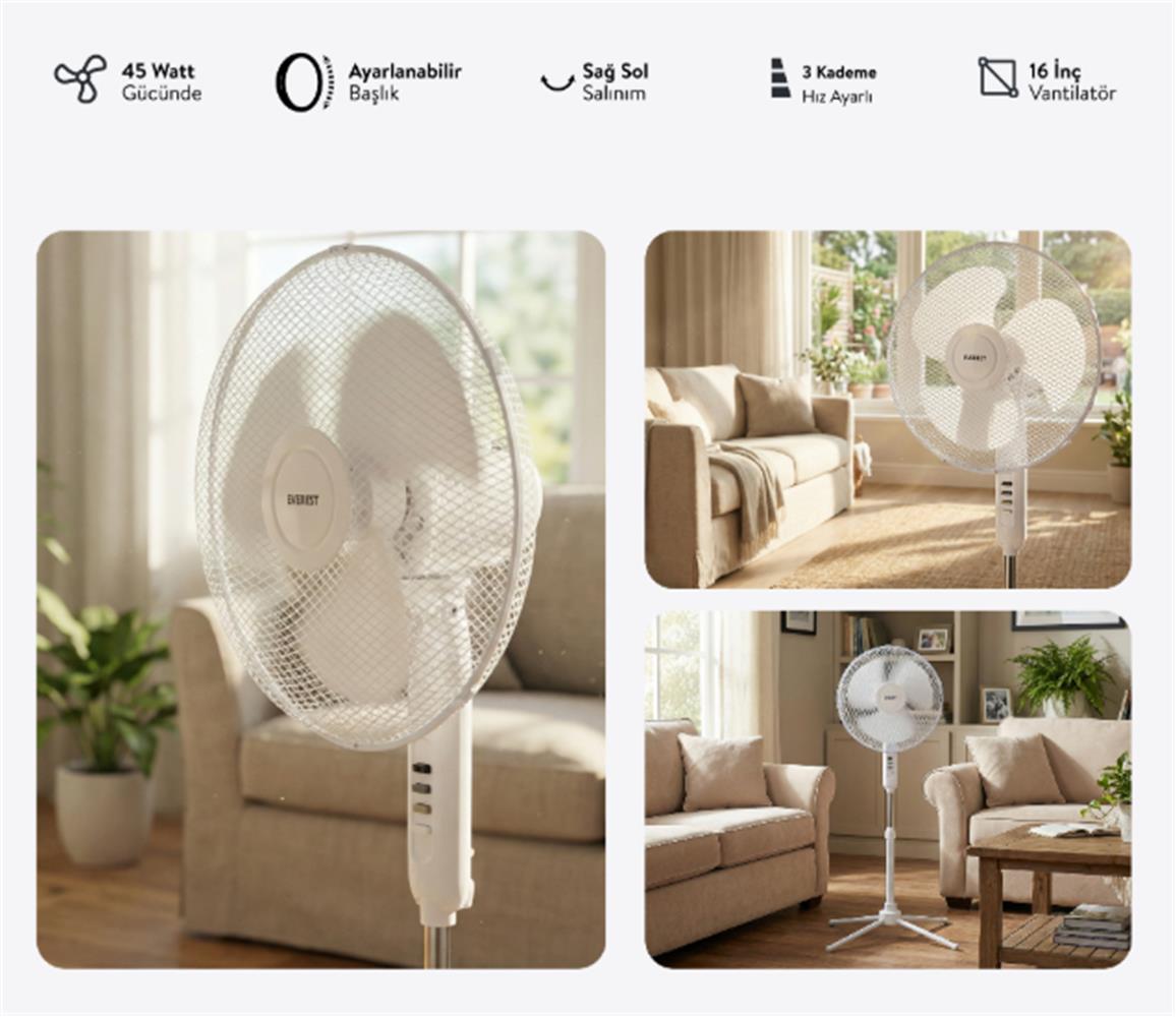 Everest FAN10 EcoWind Beyaz Metal Yıldız Ayak 3 Bıçaklı Vantilatör- Pervanesi 16" Maks 45W 3 Kademe