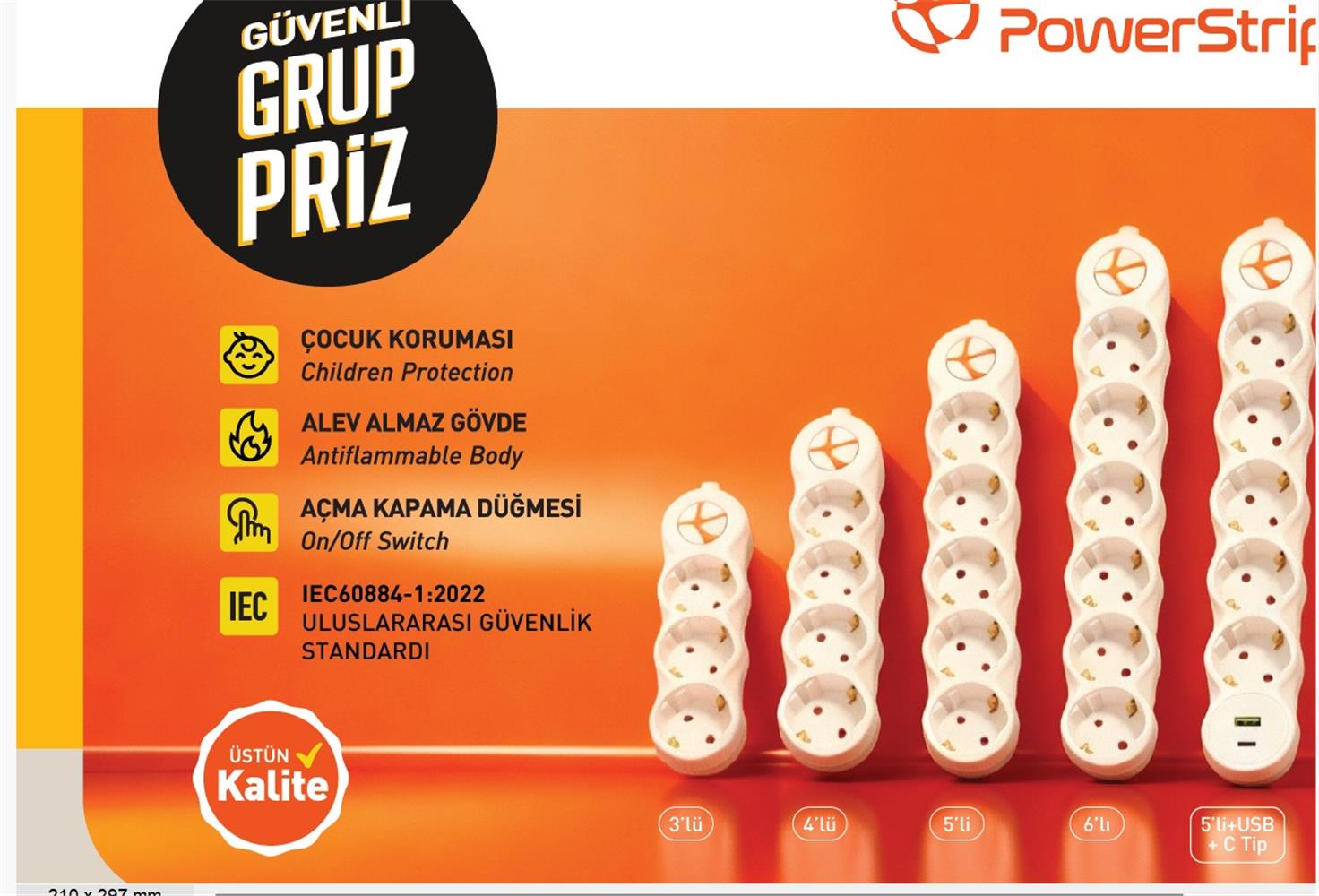 TUNCMATIK POWERSTRIP5 5 li 3m IEC 66884-1:2022 Standartı, FR(Alev Almaz)anahtarlı grup priz