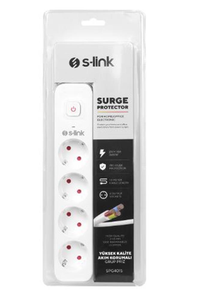 S-link SPG401S 1.5m 1.5mm 100 yüzde  Bakır 750 Joule 4 lü Anahtarlı Akım Korumalı Priz