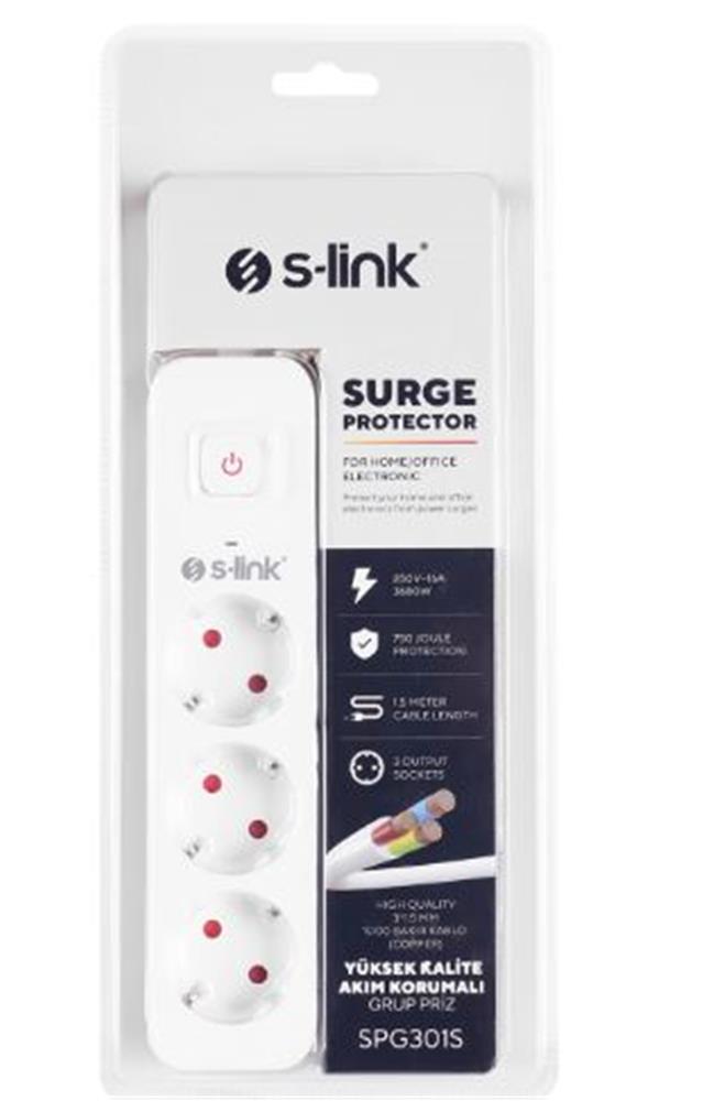 S-link SPG301S 1.5m 3x1.5mm 100 yüzde  Bakır 750 Joule 3 lü Anahtarlı Akım Korumalı Priz