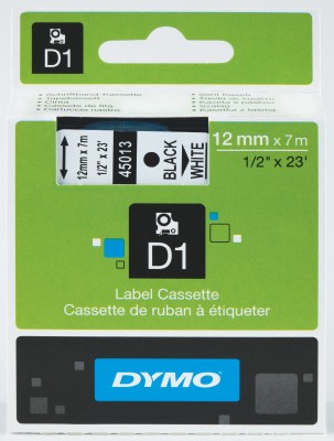 DYMO S0720530 D1 Yedek Şerit, 12 mm x 7 mt, Beyaz- Siyah (45013)