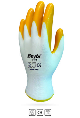 Beybi Nitril Poly PN7 10 Beden Beyaz Sarı  Eldiven 12li Paket
