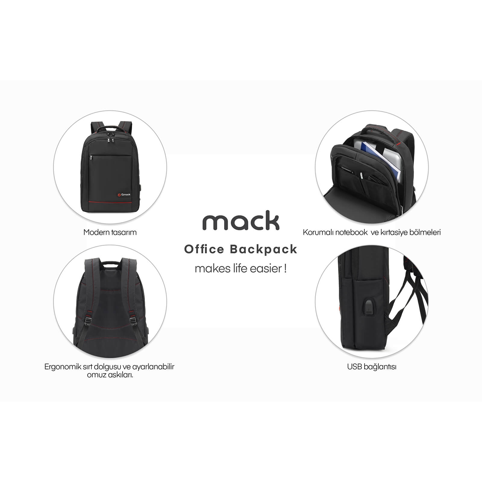 Mack MCC-006 15.6" Office USB Girişli Notebook Sırt Çantası Siyah (Dahili USB Şarj Portu)