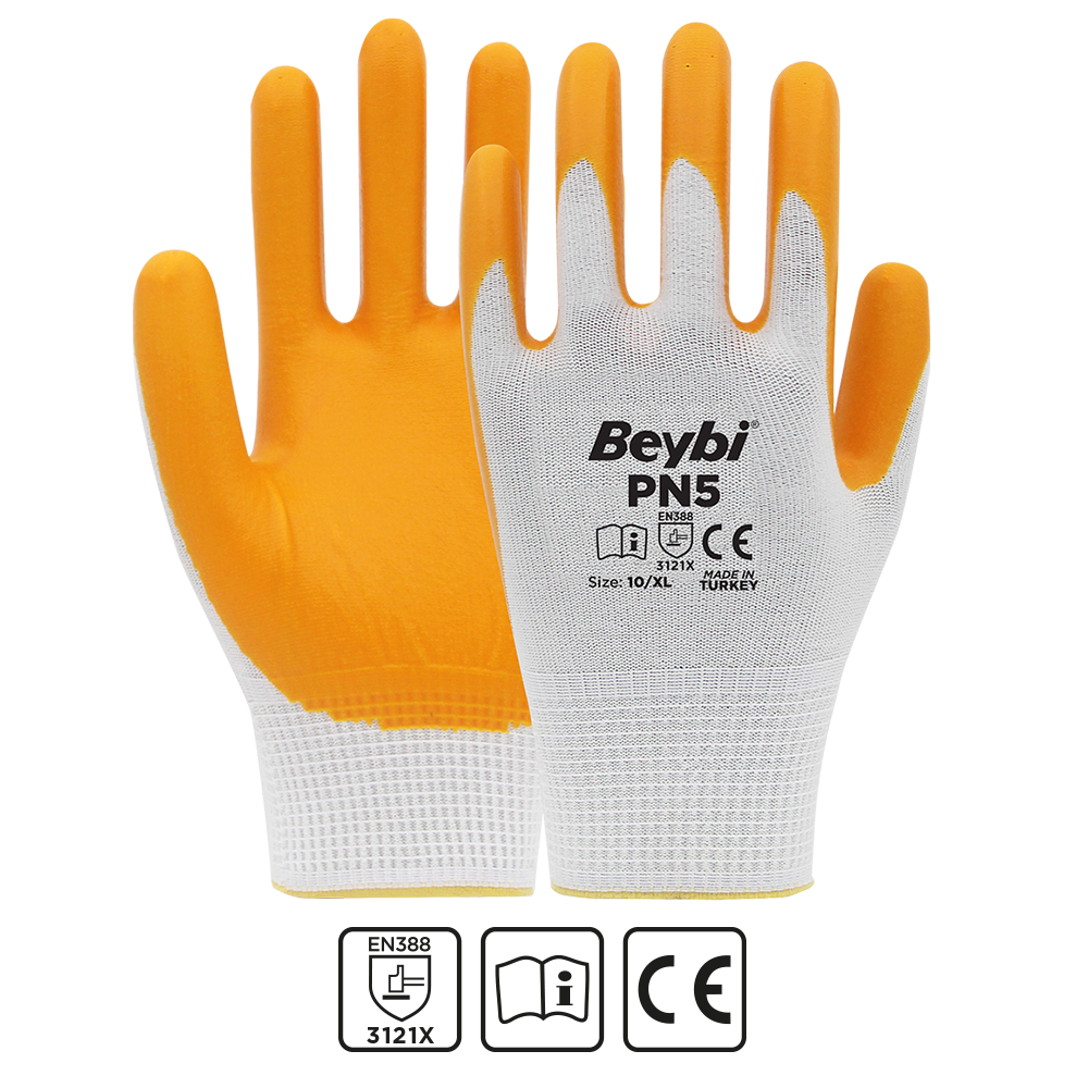 Beybi Nitril PMK PN5 Beyaz Sarı Örme Polyoster Nitril  9 Beden 12li Paket EN388 (3121X)