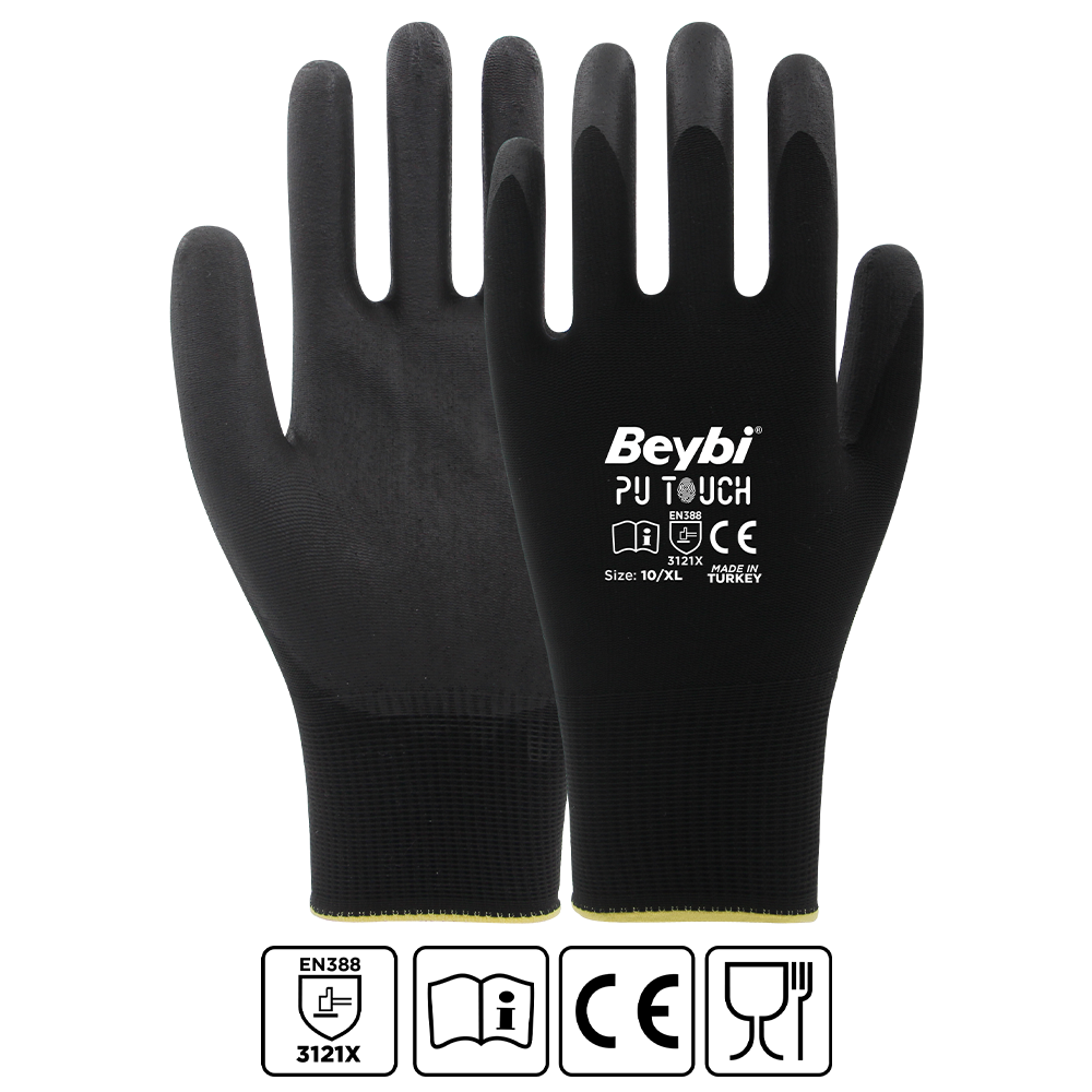Beybi 7 Beden 12li Paket  Poliüretan Kaplı Pu Touch Siyah Montaj Eldiven  EN388 (3121X)