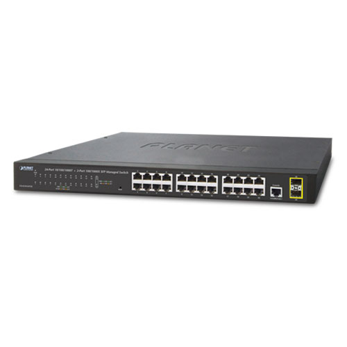 Planet PL-GS-4210-24T2S Yönetilebilir Gigabit Switch (Managed Gigabit Switch)
24-port 10/100/1000Base-T
2 x 100/1000BASE-X mini-GBIC/SFP yuva
1 x Konsol port
Reset düğmesi (sistem fabrika ayarlarına dönmek için)
