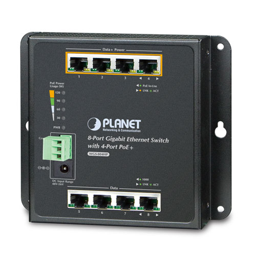 Planet PL-WGS-804HP Duvar Tip Yönetilemeyen PoE+ Switch
8-Port 10/100/1000Base-T (Port-1 ile Port-4 arası IEEE 802.3at/af PoE+ Injector) (Port başına 30.8 watt) (PoE Güç Bütçesi maks. 120 Watt)
IP30