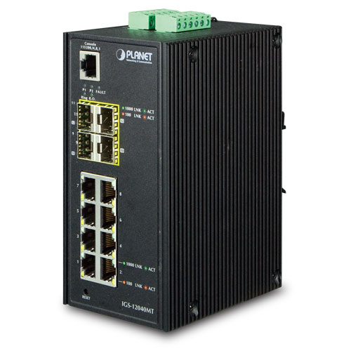 Planet PL-IGS-12040MT Endüstriyel Tip Yönetilebilen Switch (Industrial Managed Switch)
8-Port 10/100/1000Base-T 
4 x 1000BASE-SX/LX/BX SFP/mini-GBIC yuva (Port-9 ile Port-12 arası)