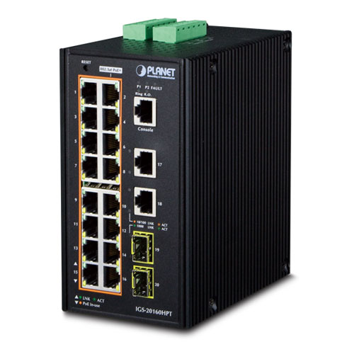 Planet PL-IGS-20160HPT Endüstriyel Tip Yönetilebilir Ethernet Switch (Industrial Managed Ethernet Switch)
16-Port 10/100/1000Base-TX IEEE 802.3at/af PoE+ Injector (Port başına 30.8 watt) (PoE Güç Bütçesi maks. 320 watt)
2-Port 10/100/1000Base-TX RJ-45
2-P