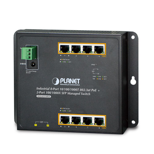 Planet PL-WGS-4215-8P2S Endüstriyel Duvar Tip Yönetilebilir Switch  (Industrial  Flat-type Managed Switch)
8 x  10/100/1000T 802.3at/af PoE+ Injector (PoE Güç Bütçesi maks.200 watt)
2 x 100/1000X SFP
L2/L4
IP30