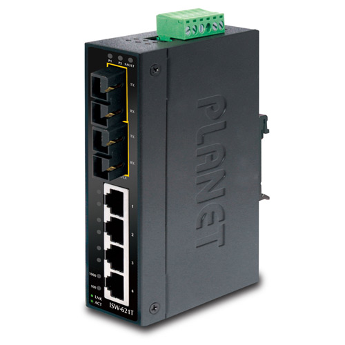 Planet PL-ISW-621T Endüstriyel Tip Yönetilemeyen Ethernet Switch (Industrial Unmanaged Ethernet Switch)
4-Port 10/100Base-TX 
2-Port 100Base-FX Multi-mode SC 2 km
IP30