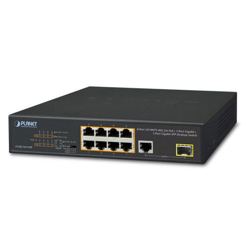 Planet PL-FGSD-1011HP Yönetilemeyen Masaüstü Tip Switch (Unmanaged Desktop Switch)
8-Port 10/100TX IEEE 802.3at/af PoE+ Injector Port (Port başına 30.8 watt) (PoE Güç Bütçesi maks. 120 Watt)
1-Port 10/100/1000T
1-Port 100/1000X SFP yuva