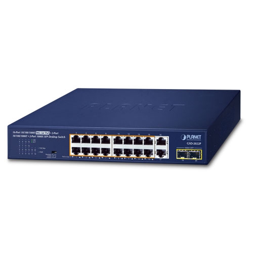 Planet PL-GSD-2022P Yönetilemeyen Masaüstü Tip Switch (Unmanaged Desktop Switch)
16-Port 10/100/1000T 802.3at/af PoE+  (Port başına 30.8 watt) (Port-1 ile Port-16 arası) (PoE Güç Bütçesi maks. 185 Watt)
2-Port 10/100/1000T
2-Port 1000X SFP