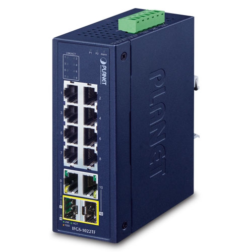 Planet PL-IFGS-1022TF Endüstriyel Tip Yönetilemeyen Ethernet Switch (Industrial Unmanaged Ethernet Switch)
8 x 10/100BASE-TX port (Port 1-8)
2 x 10/100/1000BASE-T port (Port 9-10)
2 x 1000BASE-SX/LX/BX SFP yuvası (Port 9-10 ile paylaşımlı)
IP30
-40~75 der