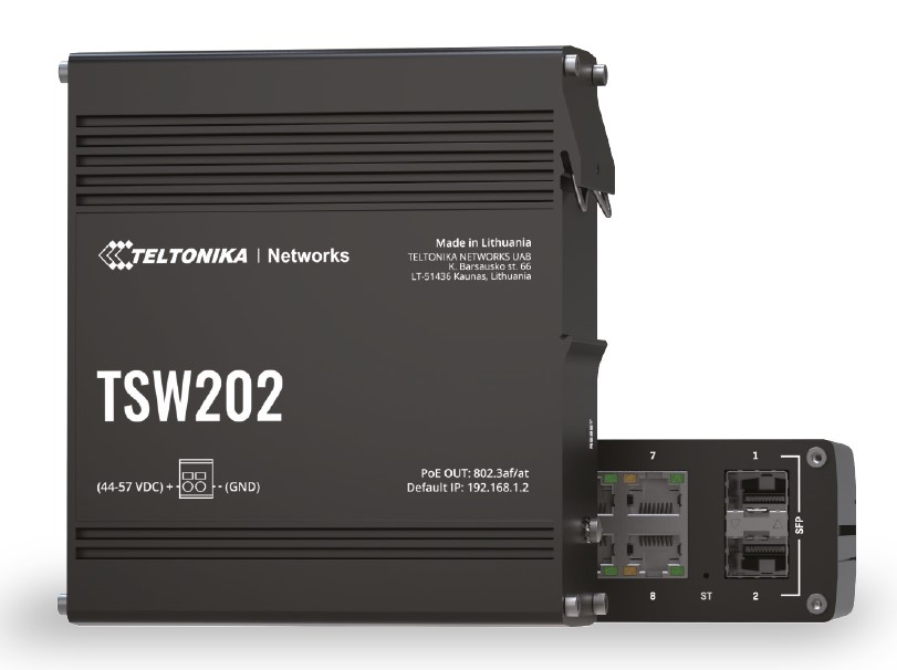 Teltonika TE-TSW202 Yönetilebilir Endüstriyel PoE+ Switch
8x 10/100/1000BaseT PoE+ port (30W)
2x 1 Gbps SFP yuvası
Giriş Voltaj Aralığı: 7-57 VDC (PoE için 44-57 VDC)
PoE Bütçesi: 240 W
DC Güç Kaynağı ayrıca alınmalıdır