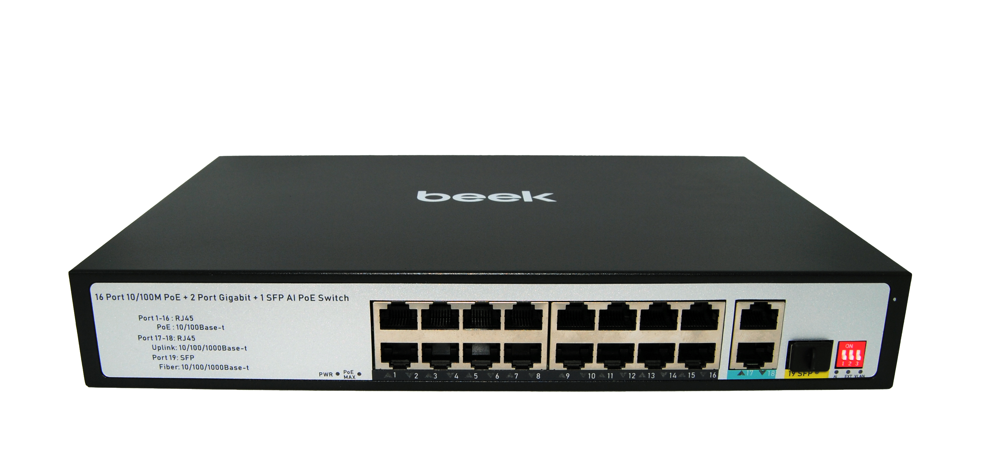BEEK BN-FS-1163P2G1S Beek Yönetilemeyen PoE+ Switch
16 x 10/100Mbps IEEE802.3af/at PoE+ port (Port başına 30.8 watt) (PoE Güç Bütçesi maks. 200W)
2 x 10/100/1000Mbps port
1 x 1000Base-X SFP yuva
6KV ESD
Beek 16 Ports 10/100Mbps Unmanaged PoE+ Switch with 