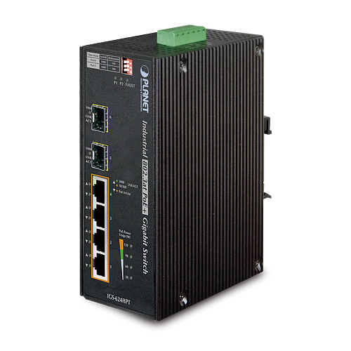 Planet PL-IGS-624HPT Endüstriyel Tip Yönetilemeyen PoE+ Switch (Industrial Unmanaged PoE+ Switch)
4-Port 10/100/1000Base-TX IEEE 802.3at/af PoE+ Injector (Port başına 30.8 watt) (PoE Güç Bütçesi maks. 120 watt)
2-Port 1000Base-SX/LX ve 100Base-FX SFP yuva