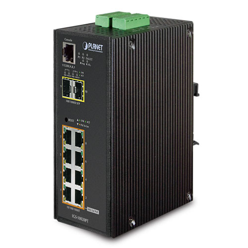 Planet PL-IGS-10020PT Endüstriyel Tip Yönetilebilir Switch (Industrial Managed Switch)
8-Port 10/100/1000Base-TX IEEE 802.3at/af PoE Injector (Port başına 36 watt) (PoE Güç Bütçesi maks. 240 watt)
2-Port 1000BASE-SX/LX/BX SFP/mini-GBIC yuva (Port-9 ve Por
