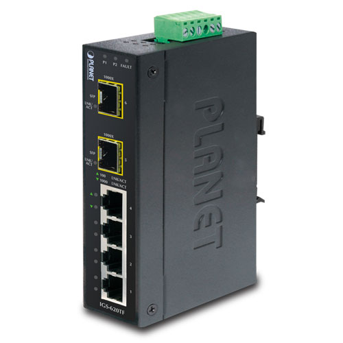 Planet PL-IGS-620TF Endüstriyel Tip Yönetilemeyen Ethernet Switch (Industrial Unmanaged Ethernet Switch)
4 x 10/100/1000Base-T
2 x 1000BASE-SX/LX/BX SFP/mini-GBIC yuva (Port-5 ve Port-6)