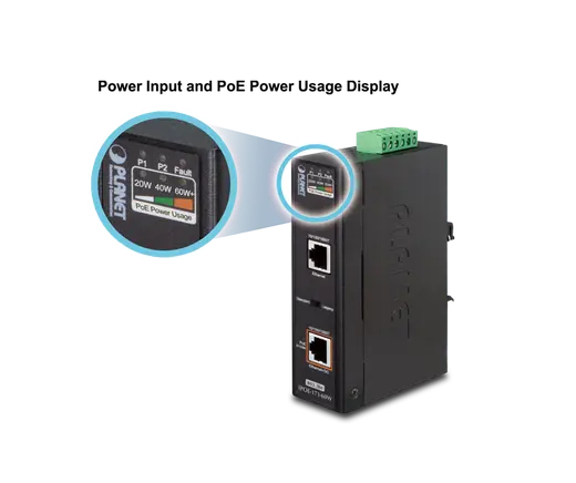 PLANET PL-IPOE-171-60W Endüstriyel Tip Tek Port Multi-Gigabit 802.3bt PoE++ Injector görseli 5