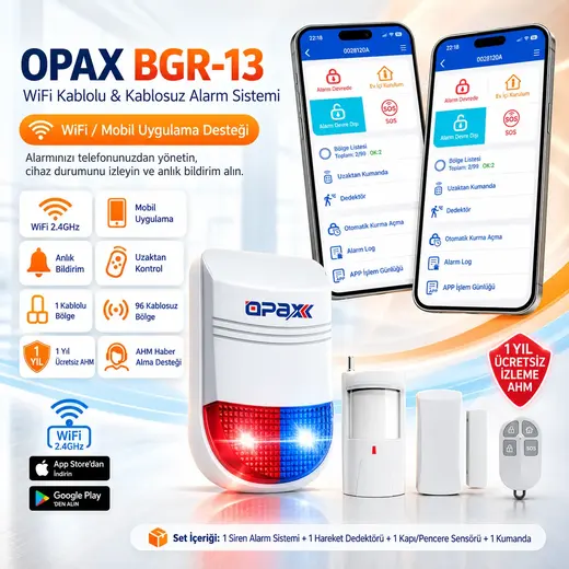 OPAX BGR-13 WiFi Kablolu & Kablosuz Alarm Sistemi – 96 Kablosuz Bölge, 1 Yıl Ücretsiz AHM görseli 5