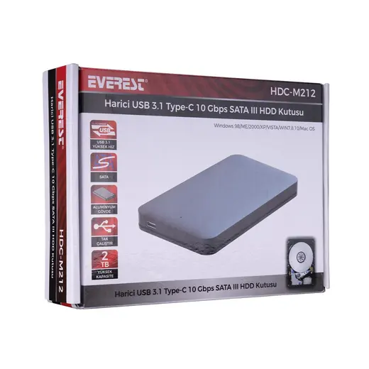 Everest HDC-M212 Type C 2.5 USB3.1 hız 10 Gbps SATA III 6 Gbps Alüminyum Gövdeli Hdd Kutusu alternatif görünüm