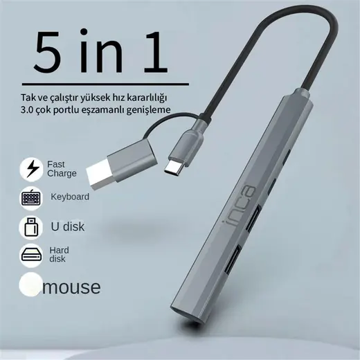 Inca IUTP-06TX 5in1 USB 3.0 + 2xUSB 2.0+Type-C+PD 100W USB+Type-C Çoklayıcı 3.0 ile 5 Gbps görseli 1