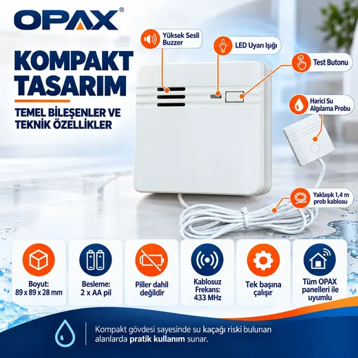 OPAX SBD-WRLS Kablosuz Su Kaçağı ve Su Baskını Dedektörü Sesli Alarm Cihazı görseli 2