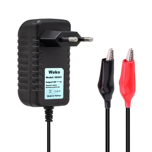 WEKO 7.8 VOLT - 1 AMPER KROKODİL UÇLU PRİZ TİP YERLİ ÜRETİM AKÜ ŞARJ ADAPTÖRÜ (OUT:6V1A)