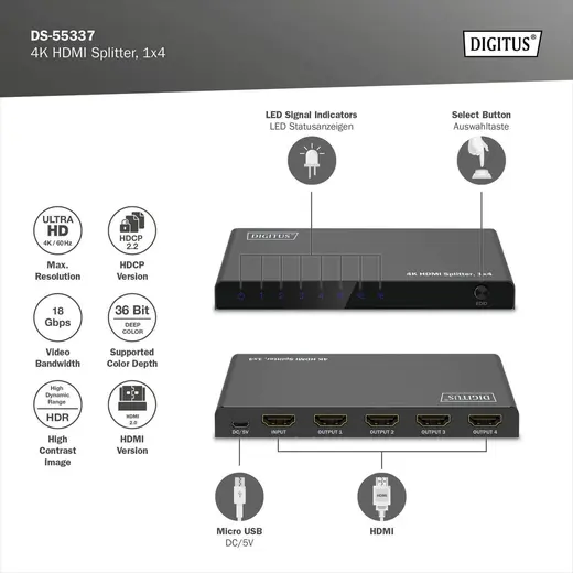 DIGITUS DS-55337 4K HDMI Çoklayıcı, 1x4, 4K/60Hz HDCP 2.2, EDID Kontrolü görseli 5