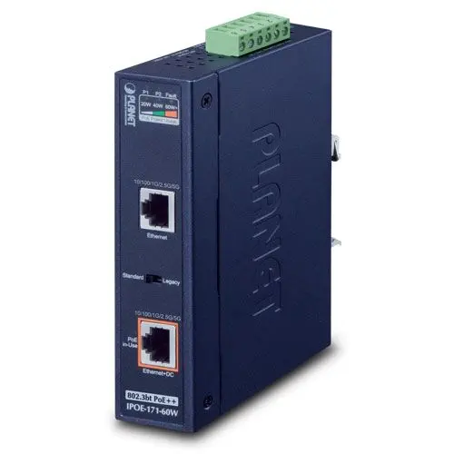 PLANET PL-IPOE-171-60W Endüstriyel Tip Tek Port Multi-Gigabit 802.3bt PoE++ Injector