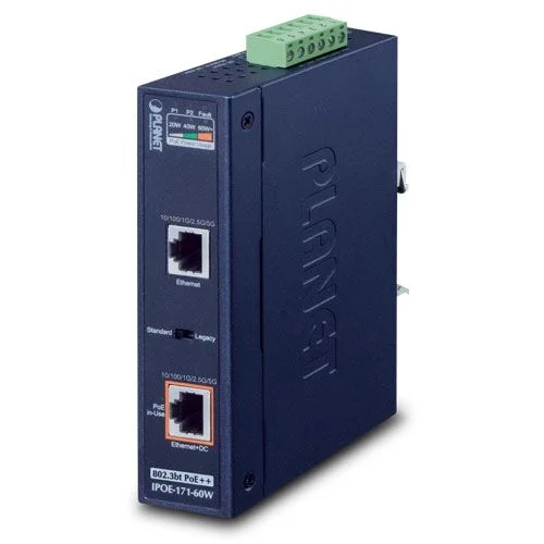 PLANET PL-IPOE-171-60W Endüstriyel Tip Tek Port Multi-Gigabit 802.3bt PoE++ Injector