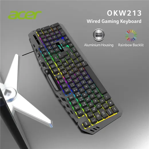 Acer OKW213 Siyah RGB Rainbow Backlit Gaming Keyboard Rainbow (Kablo Uzunluğu 1,5mt) alternatif görünüm