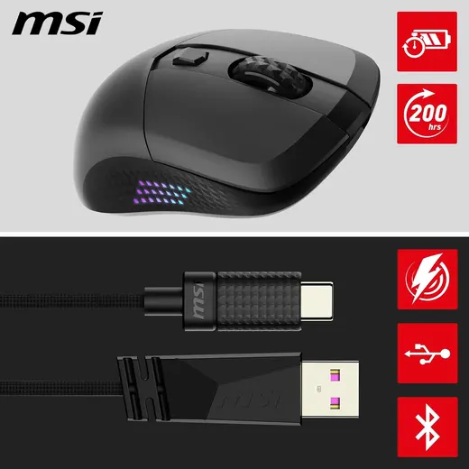 MSI VERSA 300 ELITE W 26000 DPI RGB 2.4GHz Bluetooth 5.3 Kablosuz Gaming Mouse görseli 4
