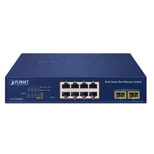 PLANET PL-GS-2210-8P2S Layer 2 Web Smart Ethernet Switch 8-Port 10/100/1000T IEEE802.3af/at PoE+ port