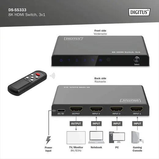 DIGITUS DS-55333 8K HDMI Switch, 3x1 görseli 7