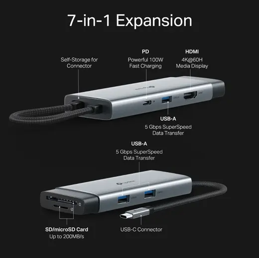 TP-LINK UH7021C USB-C 7port Hub 4K60Hz 100W PD SD görseli 7