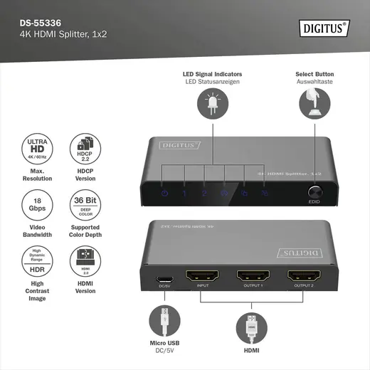 DIGITUS DS-55336 4K HDMI Çoklayıcı, 1 x 2, 4K/60Hz HDCP 2.2, EDID Kontrol özelliği görseli 5
