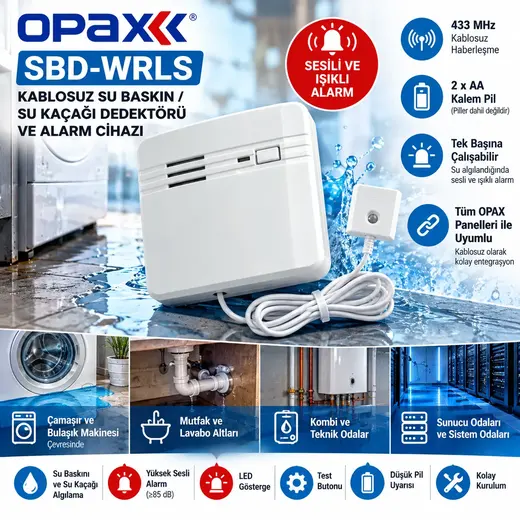 OPAX SBD-WRLS Kablosuz Su Kaçağı ve Su Baskını Dedektörü Sesli Alarm Cihazı görseli 1