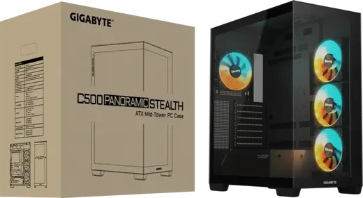 GIGABYTE C500 Panoramic Stealth Ön ve Yan Paneli Temperli Cam 4x ARGB Fanlı Gizli Konnektör Uyumlu Siyah Mid Tower Kasası görseli 1