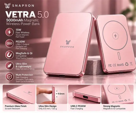 Snapron Snppb01-07 Pembe 5000 mah Pd 20W USB- C MAGSAFE Ultra Silim ( Magnetic Wireless) alternatif görünüm
