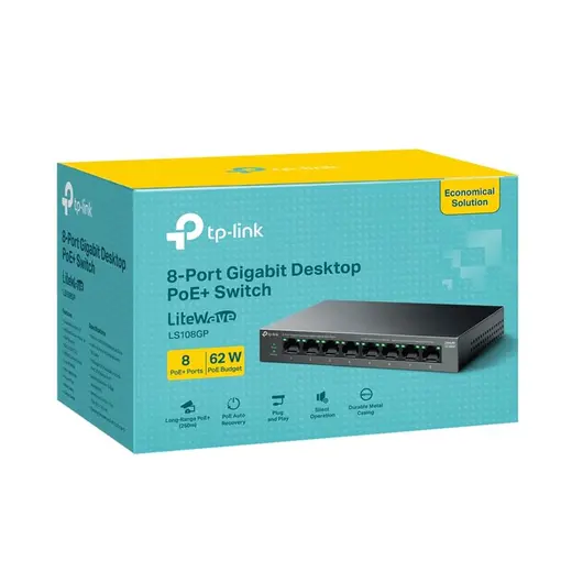 TP-LINK LS108GP 8 PORT GIGABIT + RJ45 62W 250 METRE POE MESAFE METAL KASA görseli 1