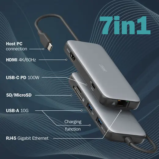 DIGITUS DA-70914 USB-C Docking Station, 7-port, 1 x HDMI 3 x USB 3.2 Gen 2, 1 x RJ45, 1 x SD,1 x MicroSD, 1 x PD görseli 6