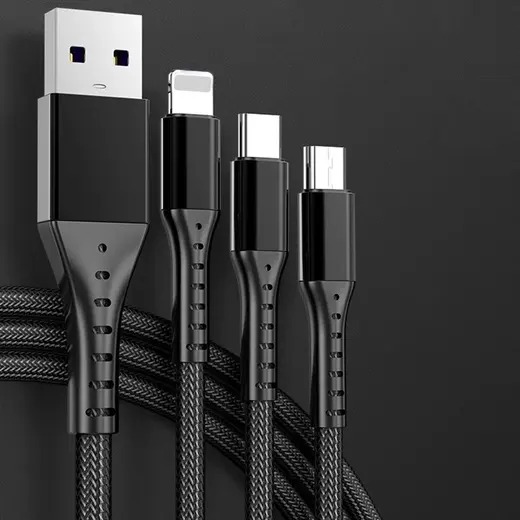 POWERMASTER PM-26332 3IN1 SİYAH 1.2 METRE (MICRO USB - LIGHTNING - TYPE C) TELEFON ŞARJ KABLOSU görseli 3