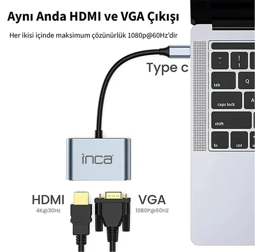 Inca ITPC-06TX USB C 4in1 – HDMI+VGA+USB+Güç Dağıtım Adap 4K@30Hz HDMI Çoklayıcı 100W PD Güçı alternatif görünüm