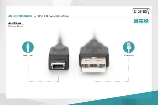 DIGITUS AK-300108-030-S USB 2.0 bağlantı kablosu, A tipi - mini B (5pin) St/St, 3.0m, USB 2.0 uyumlu, siyah renk görseli 3