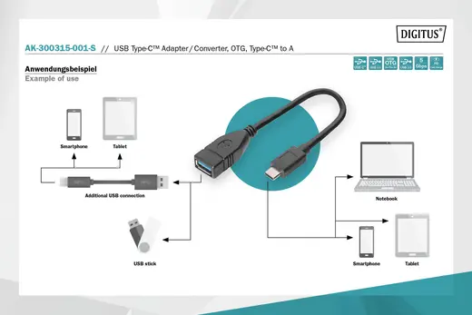 DIGITUS AK-300315-001-S USB Tip C Adaptörü, On-The-Go (OTG), USB Tip C Erkek USB Tip A Dişi, 0,15 metre, Super Speed alternatif görünüm
